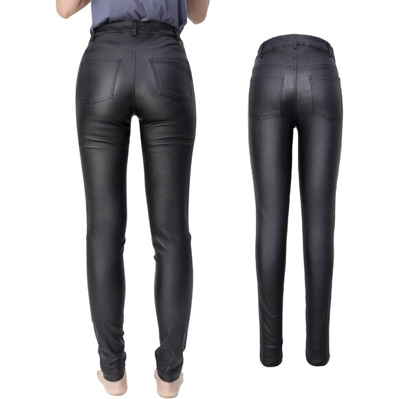 Women's Faux Leather Jeggings Stretchy Skinny Pants High Waist Plus Size - Picture 4 of 5